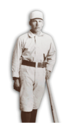 Dummy Hoy - a man with a white cap, white uniform and leaning on a bat.