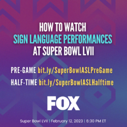 How to watch sign language performances at Super Bowl LVII

PRE-GAME bit.ly/SuperBowlASLPreGame

HALF-TIME bit.ly/SuperBowlASLHalftime 